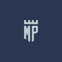 MP logo monogram with fortress castle and shield style design vector