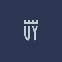 VY logo monogram with fortress castle and shield style design vector