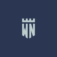 WN logo monogram with fortress castle and shield style design vector