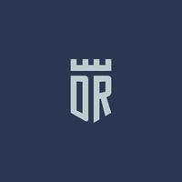 DR logo monogram with fortress castle and shield style design vector