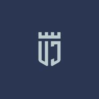 UJ logo monogram with fortress castle and shield style design vector