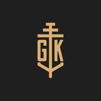 GK initial logo monogram with pillar icon design vector