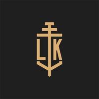 monograma del logotipo inicial de lk con vector de diseño de icono de pilar