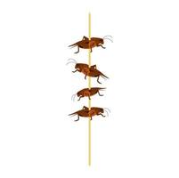 Wooden stick with fried crickets flat vector illustration isolated on white. Edible insects as alternative food.