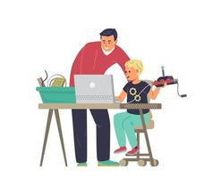 Robotics for kids flat vector illustration.  Boys with teacher engineering and programming robot.