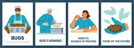 Bug farming set of vector cards. People eating, holding and harvesting insects. Alternative food concept.