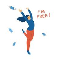 Happy young woman jumping with hands up surrounded with potective mask, gloves, sanitizer which are no longer needed. End of quarantine and epidemic Covid-19 concept. Flat vector illustration.