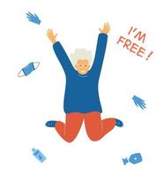 Happy old lady jumping with hands up surrounded with potective mask, gloves, sanitizer which are no longer needed. End of quarantine and epidemic Covid-19 concept. Flat vector illustration.