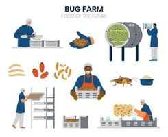 conjunto de vectores de elementos de agricultura de errores. granjeros, insectos, ilustraciones de equipos.