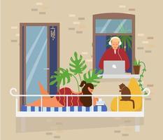 quedarse en casa concepto. mujer en traje de baño leyendo un libro y tomando el sol en el balcón con gato y plantas. el hombre trabaja o estudia desde casa en una laptop. actividades del hogar. ilustración vectorial plana. vector