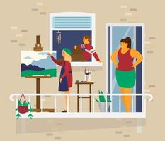 Mother with children on balcony. Girl paints landscape, boy sits on windowsill, mother looks on her children. Home activities. Stay home concept. Flat vector illustration.