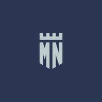 MN logo monogram with fortress castle and shield style design vector