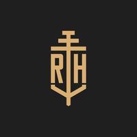 monograma del logotipo inicial rh con vector de diseño de icono de pilar