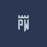 monograma del logotipo de pw con castillo de fortaleza y diseño de estilo de escudo vector