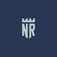 NR logo monogram with fortress castle and shield style design vector