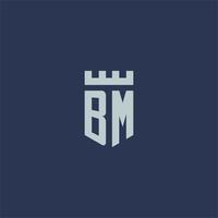 monograma del logotipo de bm con castillo de fortaleza y diseño de estilo de escudo vector