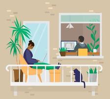 Afroamerican family at home. Mother with cat working on balcony, son studying online. Home office. House exterior. Flat vector illustration.