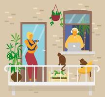 pareja joven en casa. mujer rubia sonriente haciendo ejercicios con pesas en el balcón con gatos y plantas. hombre con auriculares en la ventana trabaja desde casa en la computadora portátil. actividades del hogar. vector plano