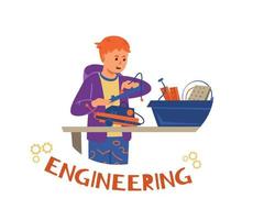 Robotics and engineering for kids flat vector illustration. Boy standing near desk with box with details making a robot.