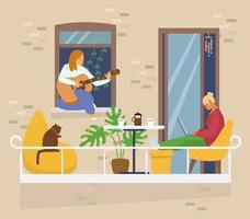Homosexual couple on cozy balcony with coffe table, cat and plants. Home activities. Work from home. Playing guitar. House exterior. Flat vector illustration.