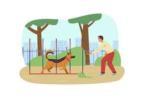 hombre entrenando a su perro pastor en la ilustración de vector plano de campo de agilidad. el perro corre en slalom, el dueño le da una recompensa.