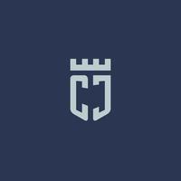 CJ logo monogram with fortress castle and shield style design vector