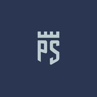 monograma del logotipo de ps con castillo de fortaleza y diseño de estilo escudo vector