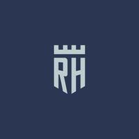 monograma del logotipo rh con castillo de fortaleza y diseño de estilo escudo vector