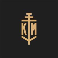 KM initial logo monogram with pillar icon design vector