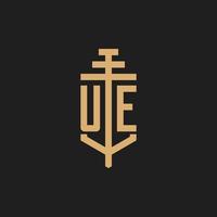 UE initial logo monogram with pillar icon design vector