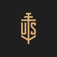 US initial logo monogram with pillar icon design vector