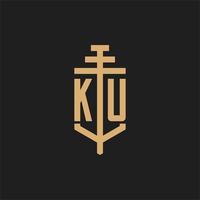 monograma del logotipo inicial de ku con vector de diseño de icono de pilar