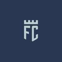 monograma del logotipo fc con castillo de fortaleza y diseño de estilo escudo vector