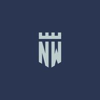 monograma del logotipo de nw con castillo de fortaleza y diseño de estilo de escudo vector