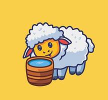 cute sheep thirsty drink on wooden bucket. isolated cartoon animal nature illustration. Flat Style suitable for Sticker Icon Design Premium Logo vector. Mascot Character vector
