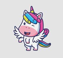 linda bebé niña unicornio consigue alas. ilustración aislada del concepto de naturaleza animal de dibujos animados. estilo plano adecuado para el vector de logotipo premium de diseño de icono de etiqueta. personaje mascota