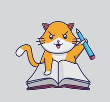 lindo gato studi duro. ilustración aislada del concepto de estudiante animal de dibujos animados. estilo plano adecuado para el vector de logotipo premium de diseño de icono de etiqueta. personaje mascota