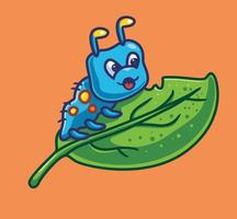 linda oruga comiendo hojas. ilustración de naturaleza animal de dibujos animados aislados. estilo plano adecuado para el vector de logotipo premium de diseño de icono de etiqueta. personaje mascota