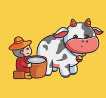 lindo granjero toma leche de la vaca. ilustración de naturaleza animal de dibujos animados aislados. estilo plano adecuado para el vector de logotipo premium de diseño de icono de etiqueta. personaje mascota