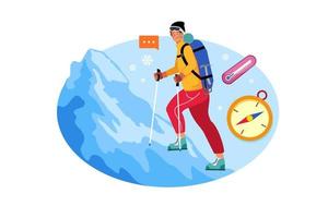 Man character hike high in mountains in winter Illustration concept on white background vector