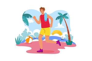 hombre fuerte trotando en una playa cerca del concepto de ilustración del océano sobre fondo blanco vector