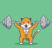 lindo gato de dibujos animados entrenando gimnasio levantando peso la barra y la mancuerna para niños. animal dibujos animados estilo plano icono ilustración premium vector logo