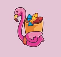 un lindo flamenco recoge peces en un balde. ilustración de naturaleza animal de dibujos animados aislados. estilo plano adecuado para el vector de logotipo premium de diseño de icono de etiqueta. personaje mascota