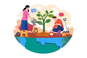 A couple is planting a tree on the globe vector