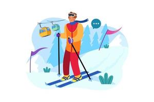 Skier man slide down a snowy mountain Illustration concept on white background vector