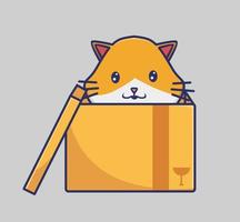 cute cat playing in cardboard. cartoon animal nature concept Isolated illustration. Flat Style suitable for Sticker Icon Design Premium Logo vector. Mascot Character vector