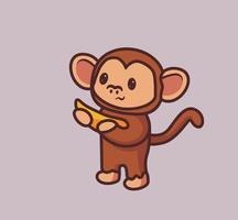 lindo mono sosteniendo su plátano favorito. ilustración de naturaleza animal de dibujos animados aislados. estilo plano adecuado para el vector de logotipo premium de diseño de icono de etiqueta. personaje mascota