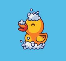 lindo pato amarillo tomar un baño. ilustración de naturaleza animal de dibujos animados aislados. estilo plano adecuado para el vector de logotipo premium de diseño de icono de etiqueta. personaje mascota