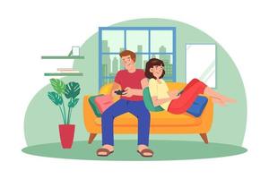 Young couple sitting on the sofa playing a game vector