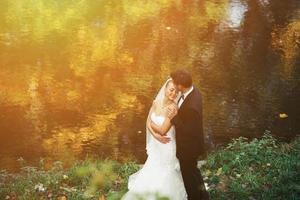 hermosa pareja de novios posando en el bosque foto